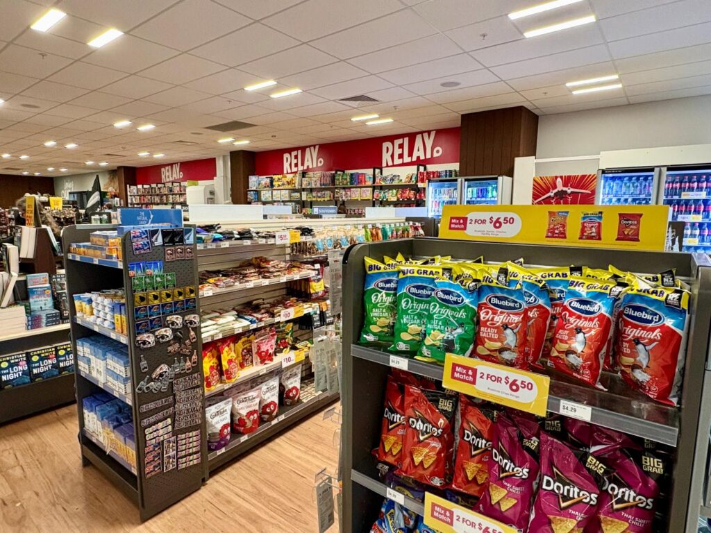 Ultra-processed foods on display at an airport convenience store