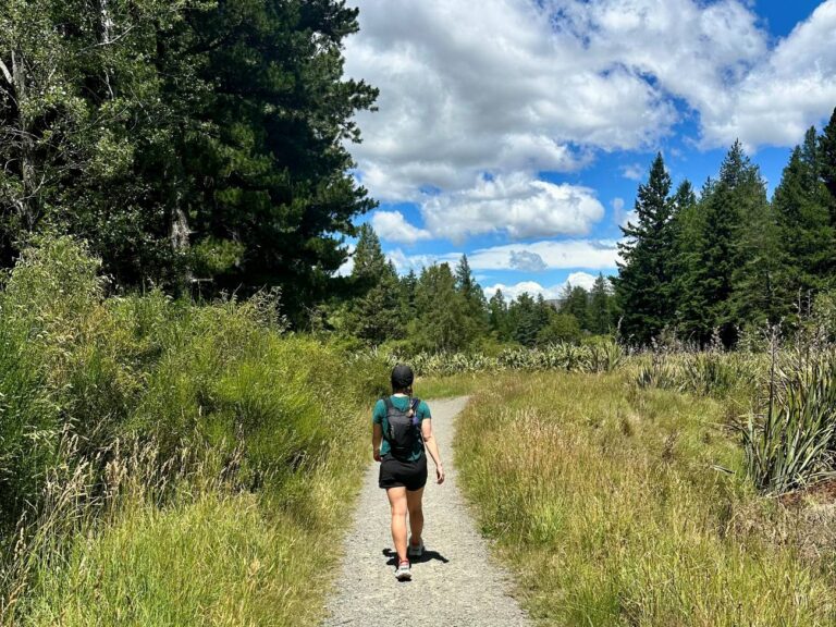 Girl hiking through trail during sunny New Zealand weather
