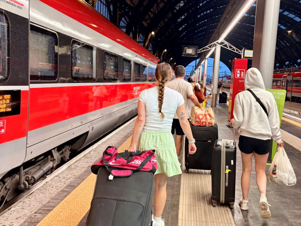 Travelling with other people at train station with suitcases