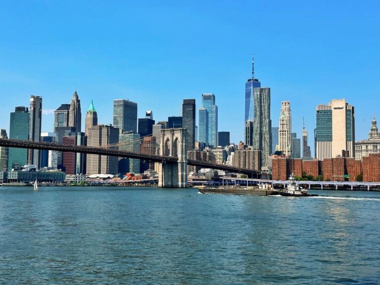 On the water looking at skyline views of New York City on a NYC ferry