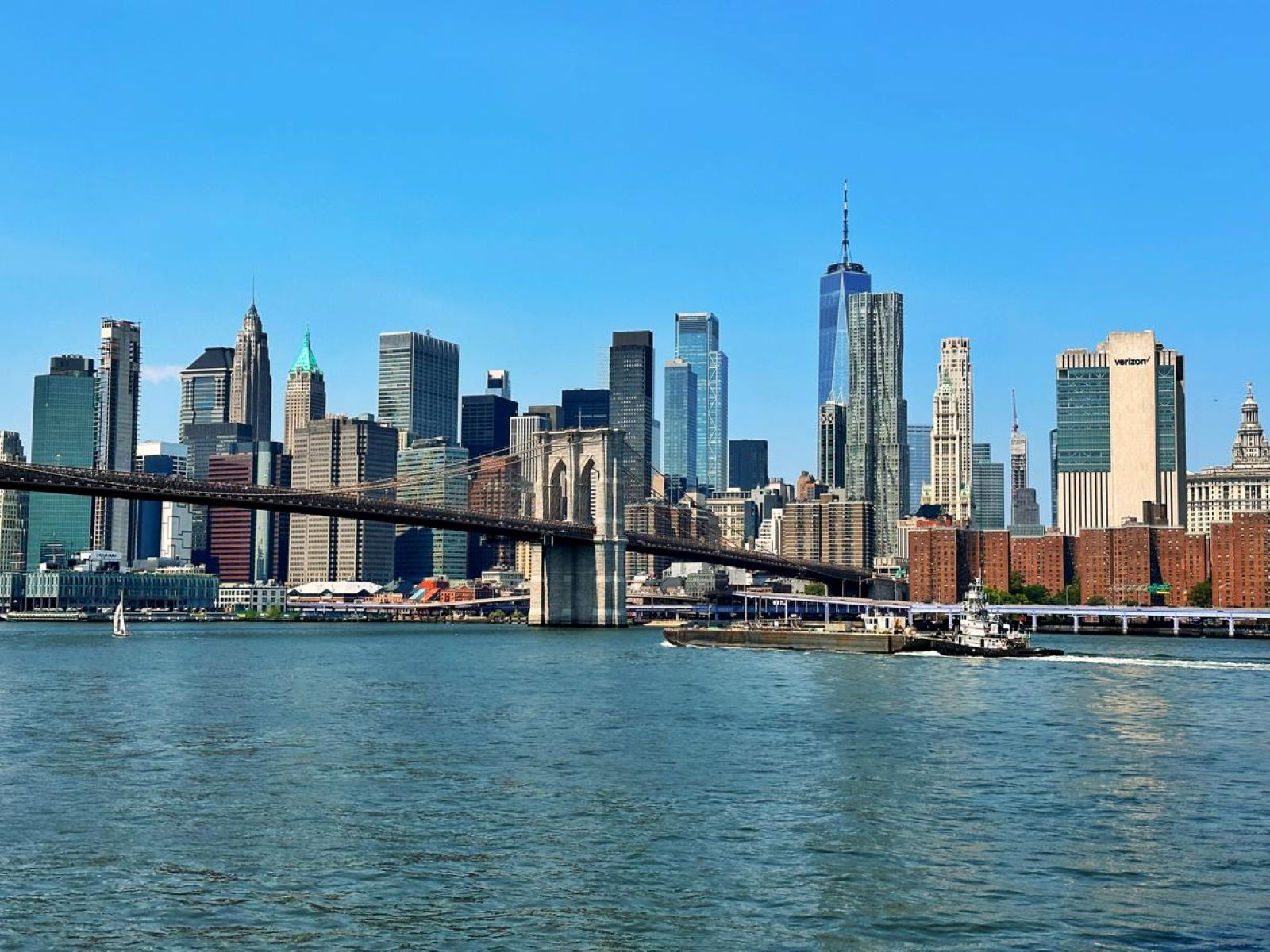 On the water looking at skyline views of New York City on a NYC ferry
