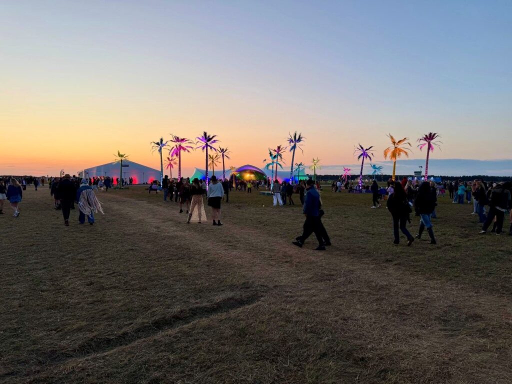 A sunset view over some lit up fake palm trees at Open'er festival in Poland