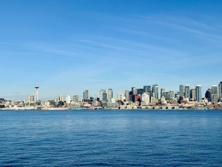 A view of the Seattle skyline while using public transport in Seattle (ferry)