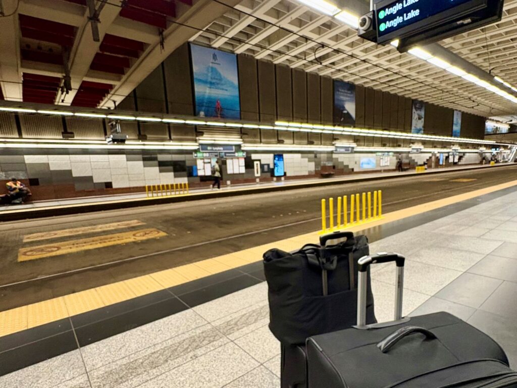 At undergound station catching bus to the airport from Seattle Downtown