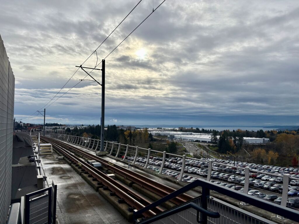 View of Seattle in the distance from a light rail station