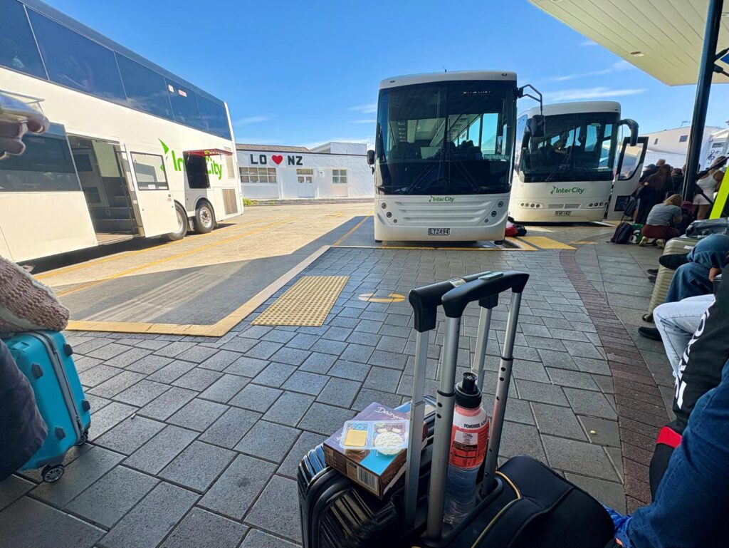 A person waiting at a bus stop with suitcases in front of them, paused between destinations while travelling.