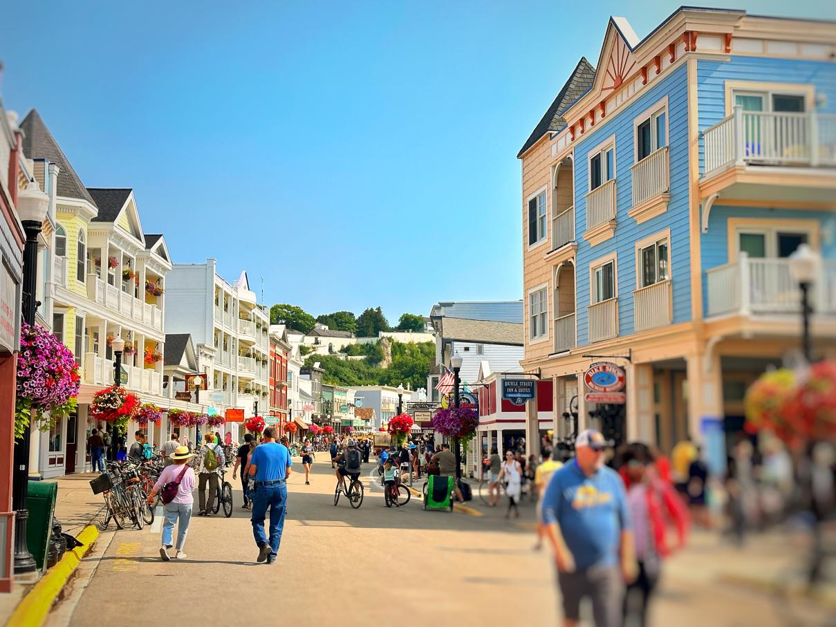 Mackinac Island main street after getting off the Mackinac Island Ferry for a Mackinac Island day trip