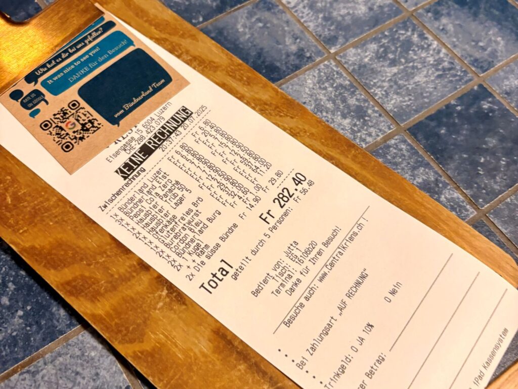 A bill at a Swiss restuarant amounting to almost CHF 300 to outline how expensive it is to eat in Switzerland