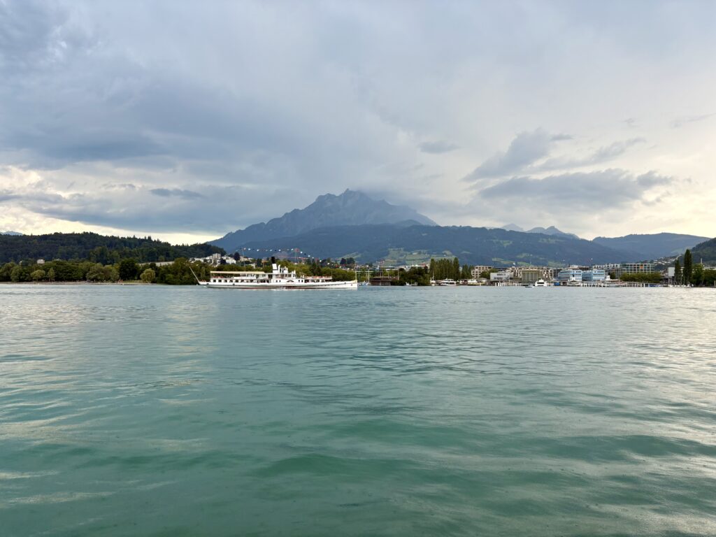 View over a lake while travelling via boat in Switzerland
