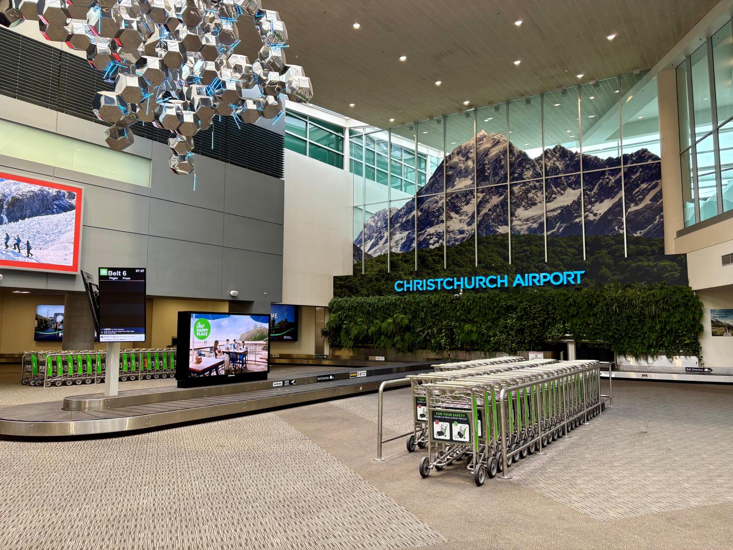 Christchurch Airport arrivals, empty with trolleys and conveyor belt