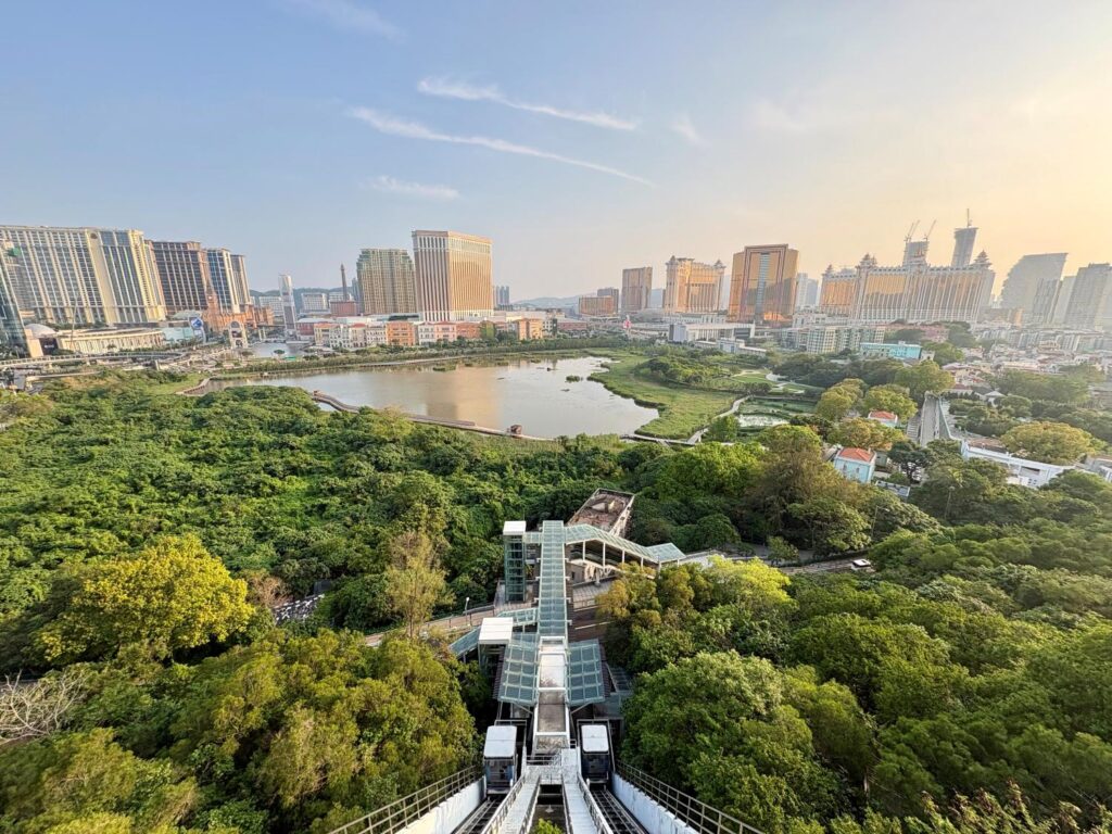 View overlooking Macau and wetlands from top of Taipa Grande Hill Inclined Lift.