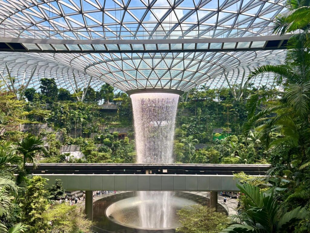 The famous Jewel waterfall feature at Changi Airport, Singapore during the daytime