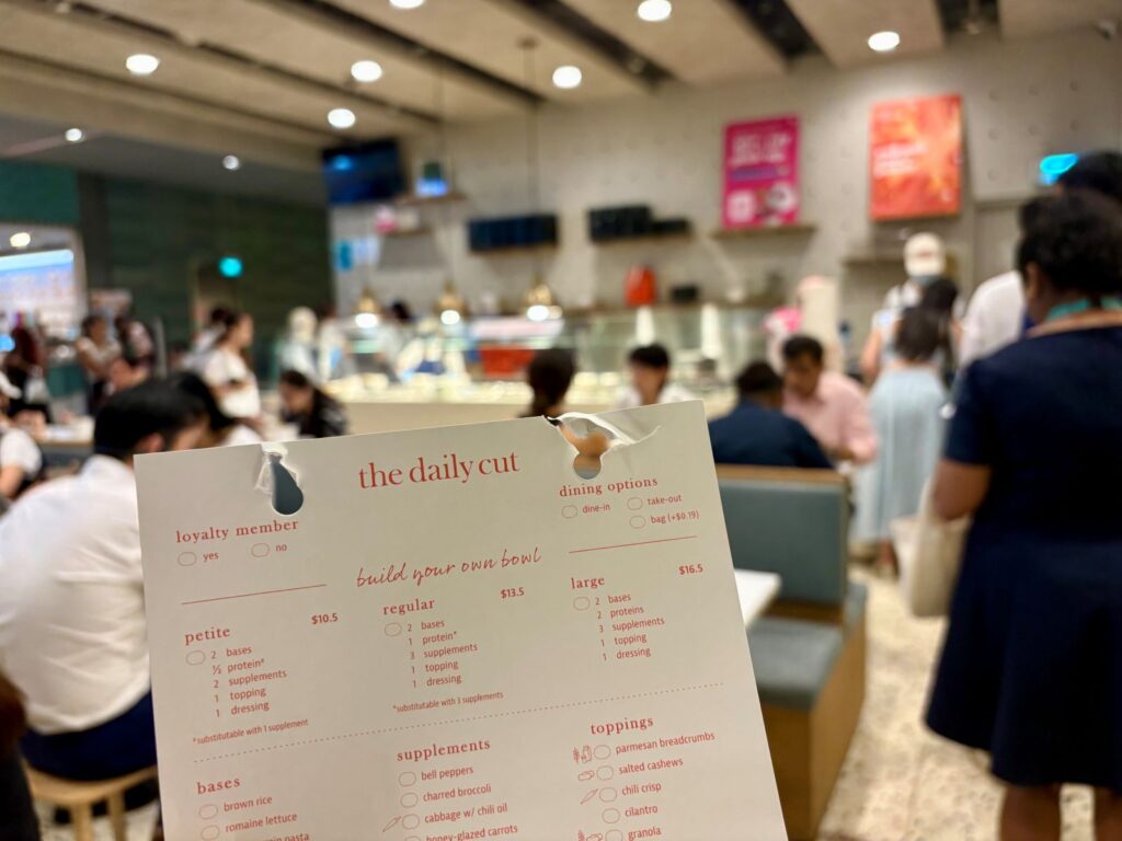 A food menu in Singapore in English with westernised diet choices