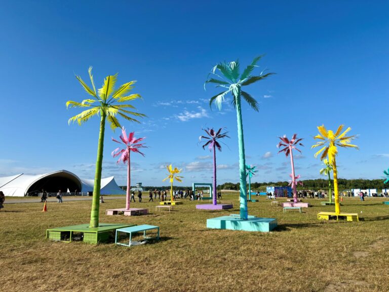 A bunch of colorful palm trees at Open'er festival Poland during the day time