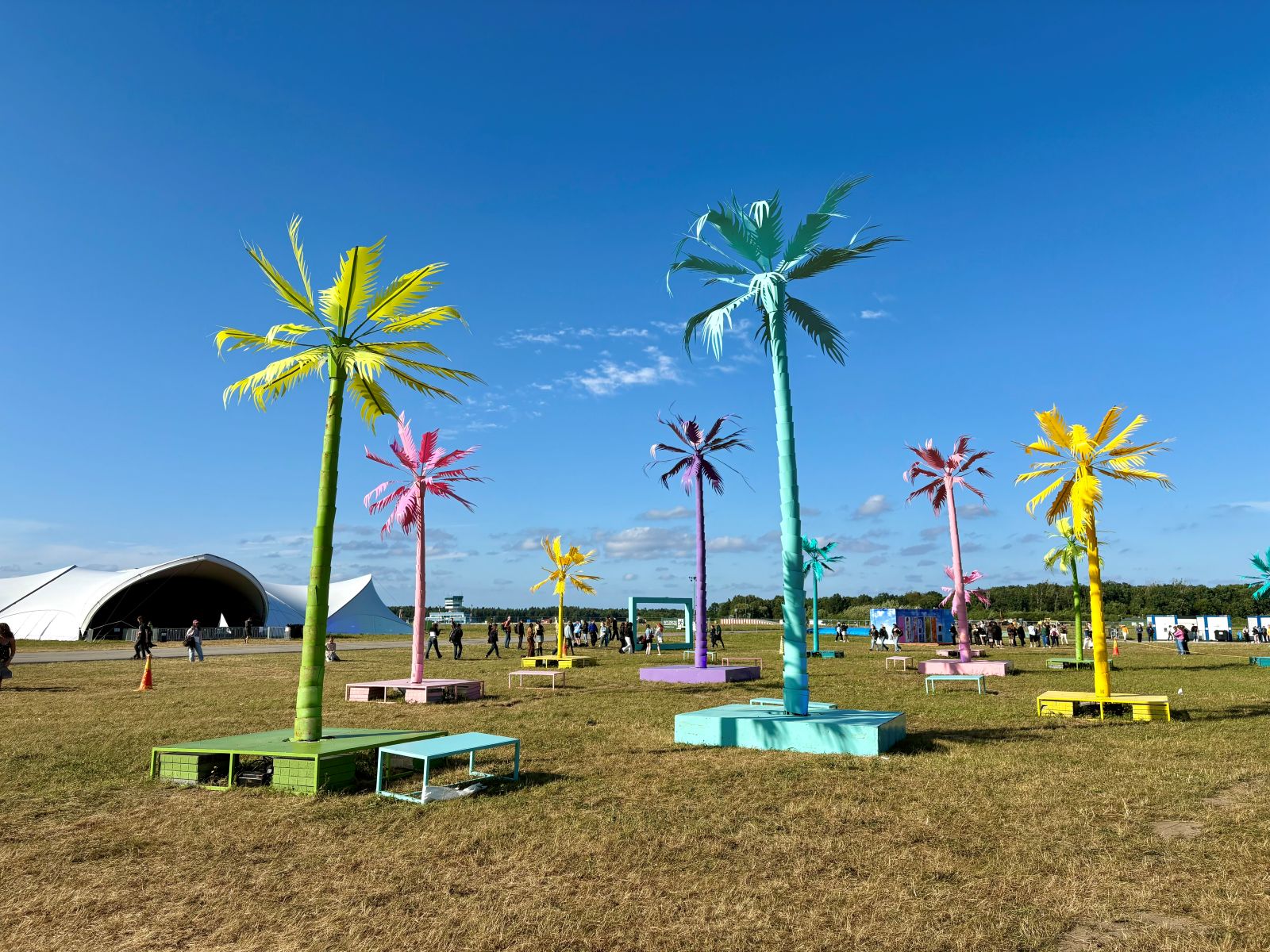 A bunch of colorful palm trees at Open'er festival Poland during the day time