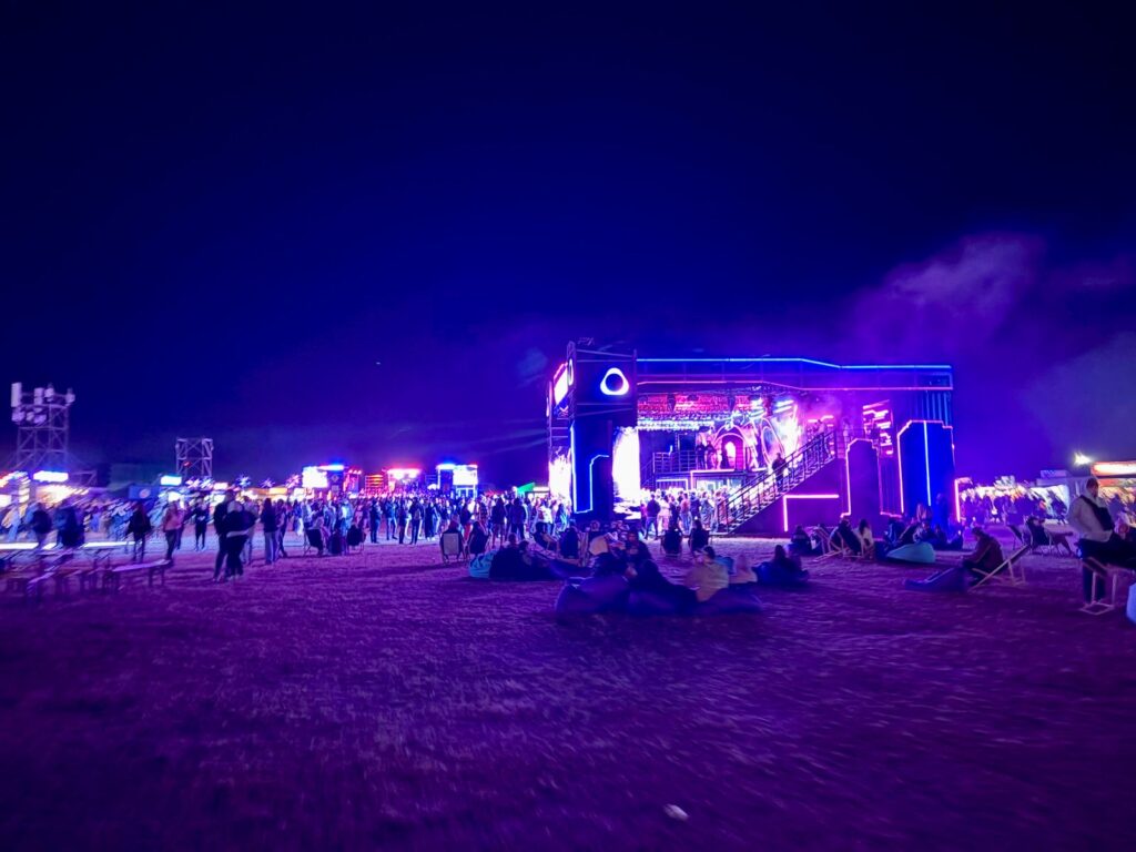 Nigh time shot of crowds, stage and lights at Open'er festival in Poland