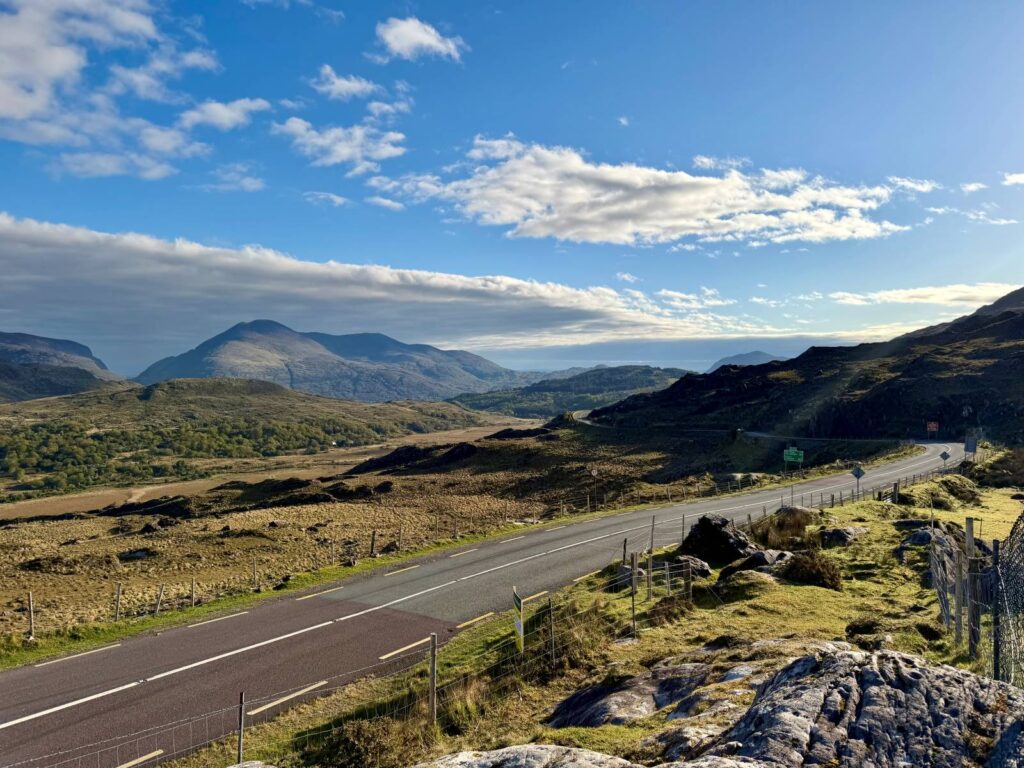 A view over the green landscape of Ireland during a scenic drive
