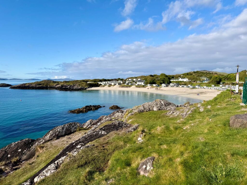 A beach while on the Ring of Kerry drive in Ireland showing the contrast of green and blue spaces