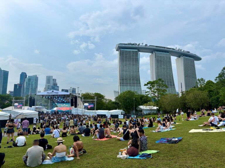People sit down away from a crowd ar Palm Tree Music Festival, Singapore which can help with festival anxiety