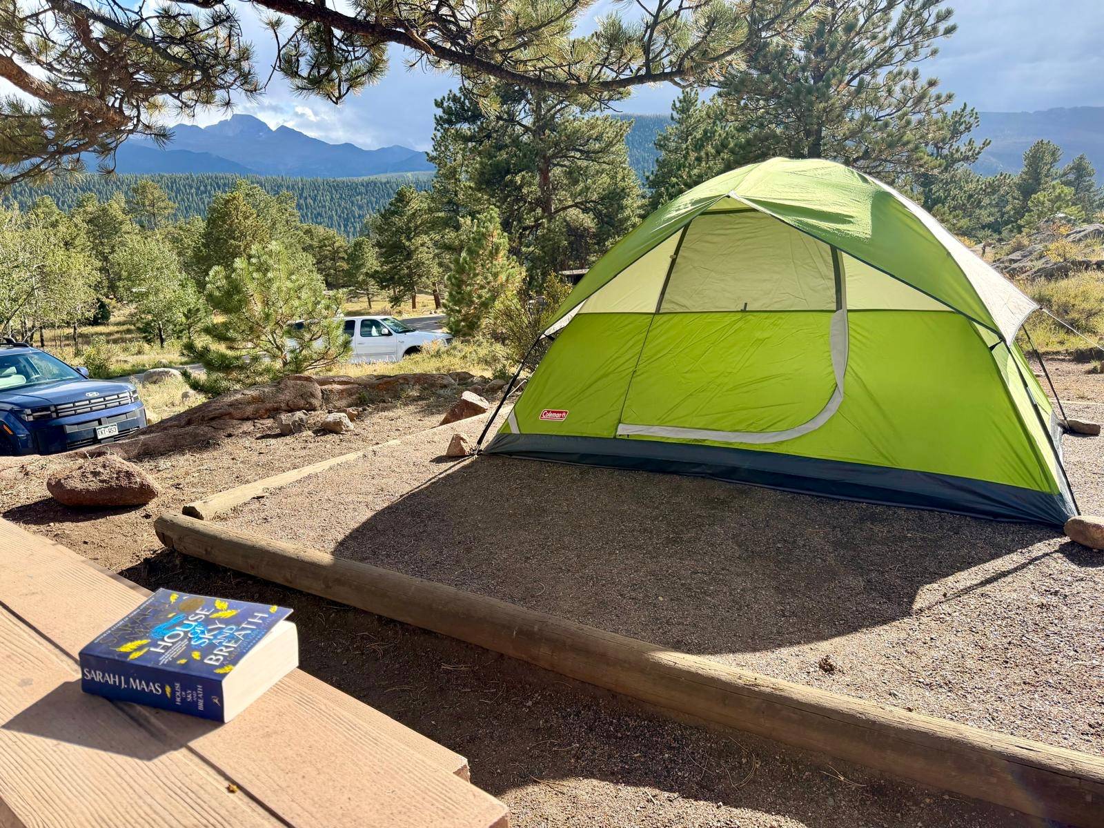 Reading a book on holiday at a campsite in the Rocky Mountains