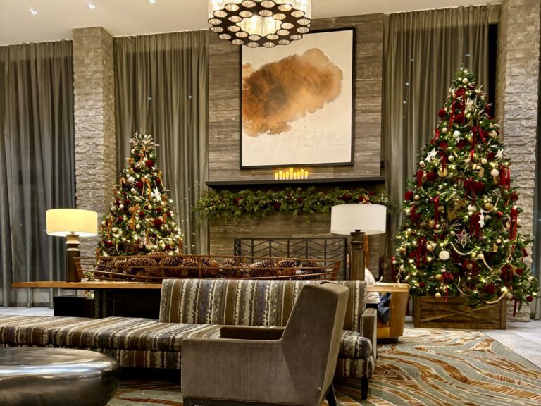 A hotel lobby at Christmas in Canada, a way of spending Christmas alone while travelling