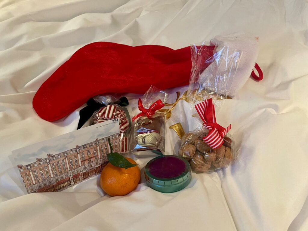 A Christmas stocking from a hotel while staying there on Christmas Day